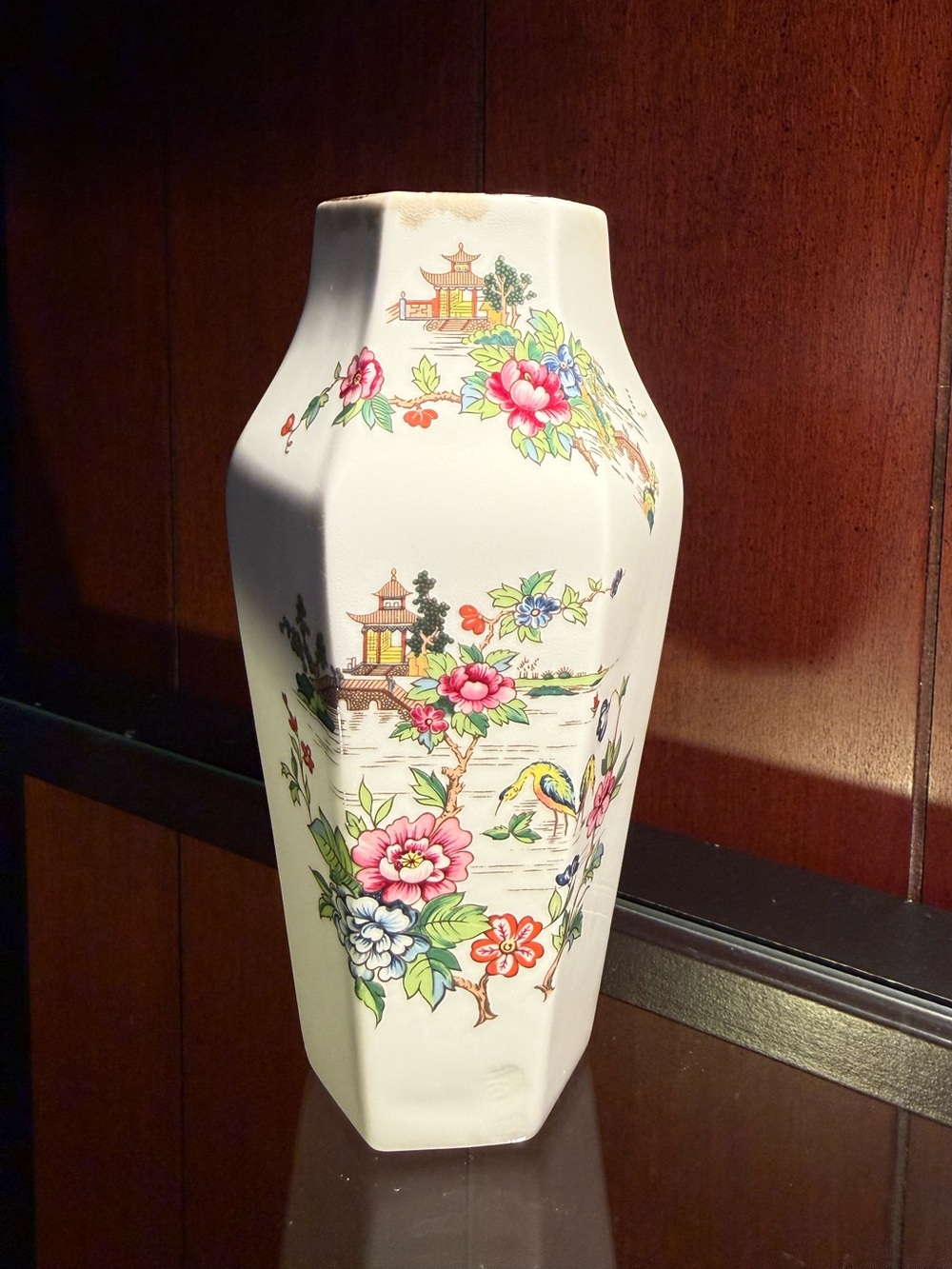 Vintage Crown Staffordshire Pagoda Bone China Hexagonal Vase Chinoiserie Pagodas